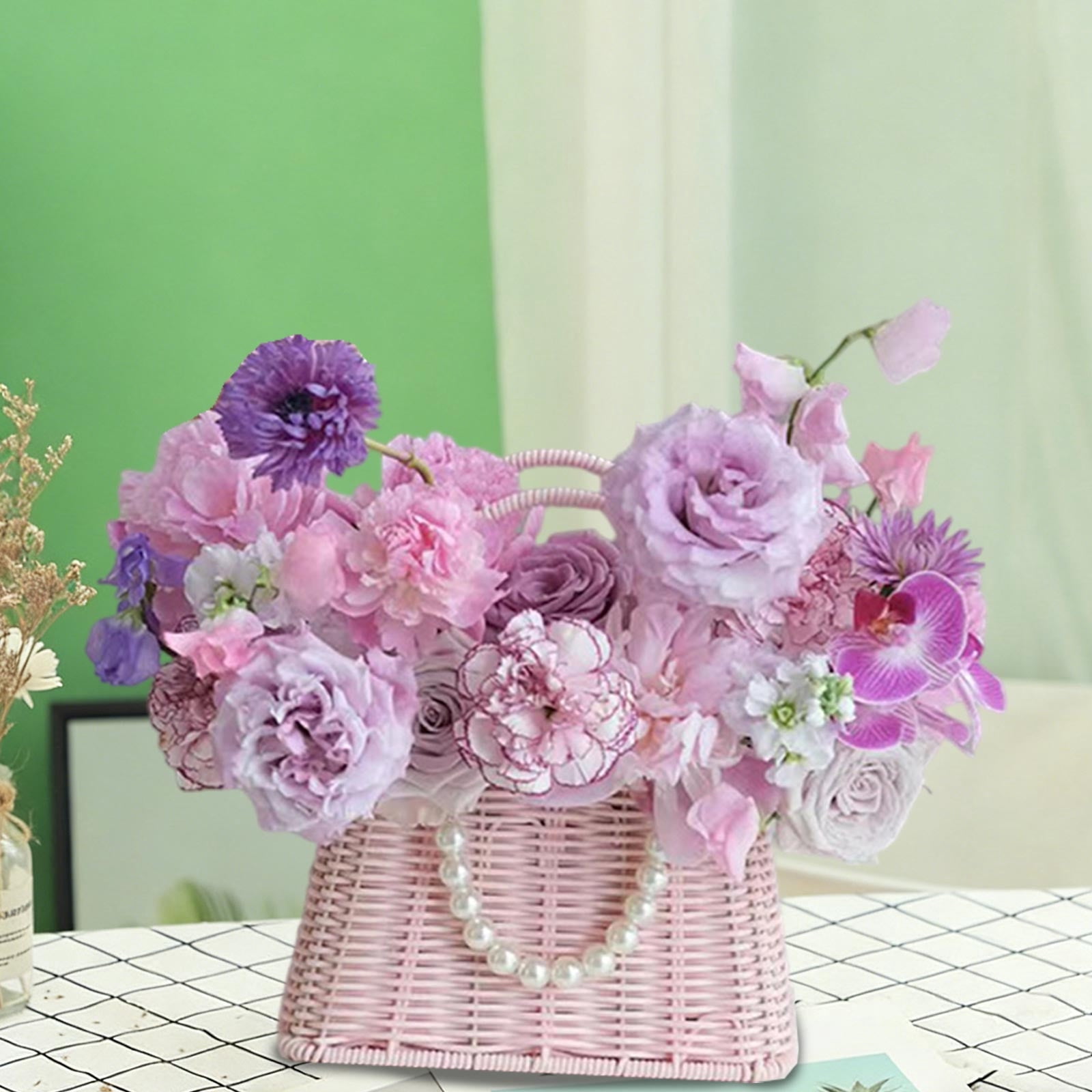 COM1950s Easter Plastic Flower Basket with Handles, Bunny Ear Storage Basket for Decor, Versatile Home Organization for Snacks, Toys, Living Room, Bedroom, Pink