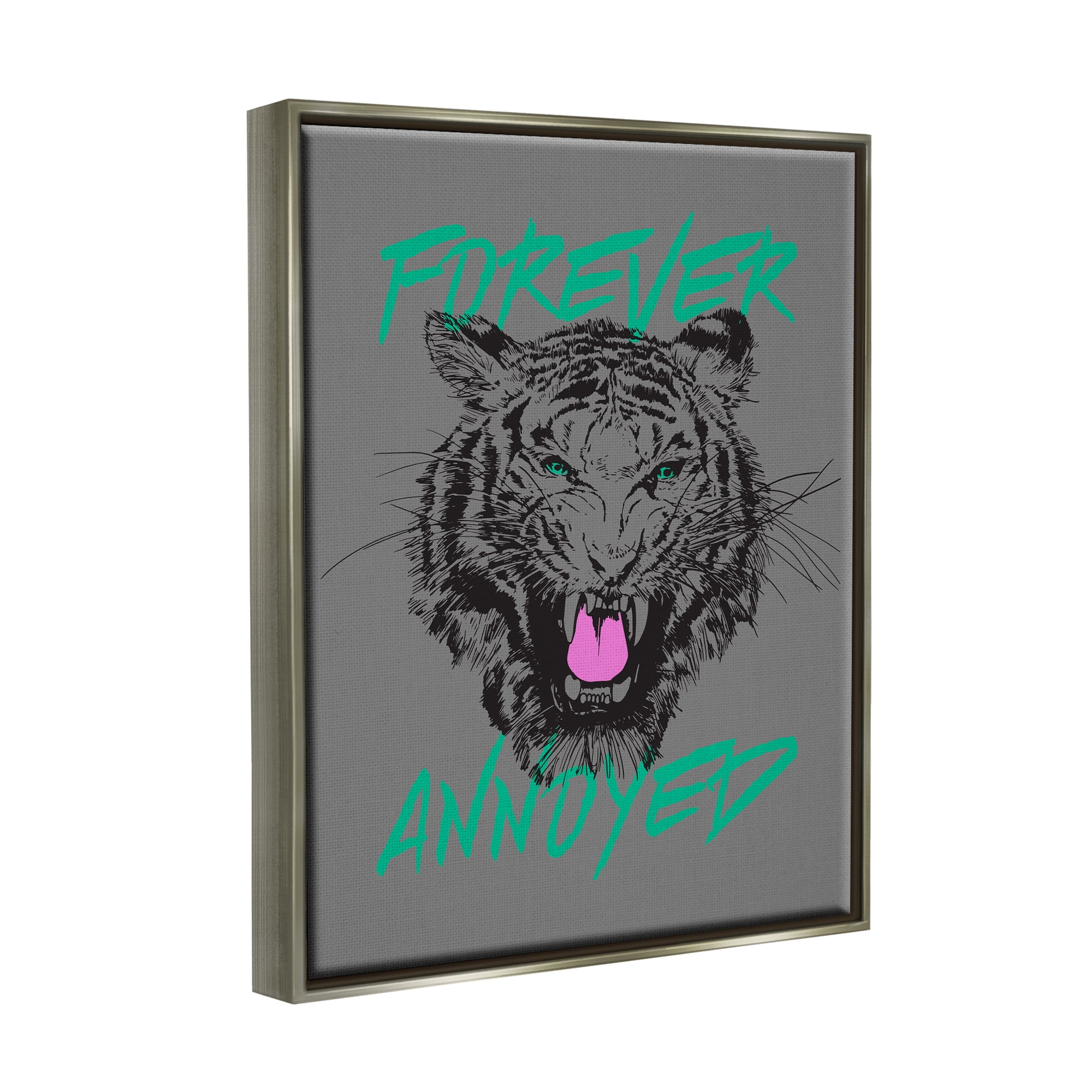 Stupell Industries Forever Annoyed Tiger Animals & Insects Painting Gray Floater Framed Canvas Art Print Wall Art, 25 x 31