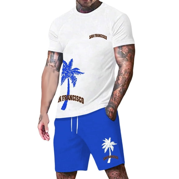 Glisme Mens 2 Piece Sets Summer Outfits Print Casual Sports Set For Men Short Sleeve Graphic T Shirt And Shorts Outfit Leisure Clothing Set Blue