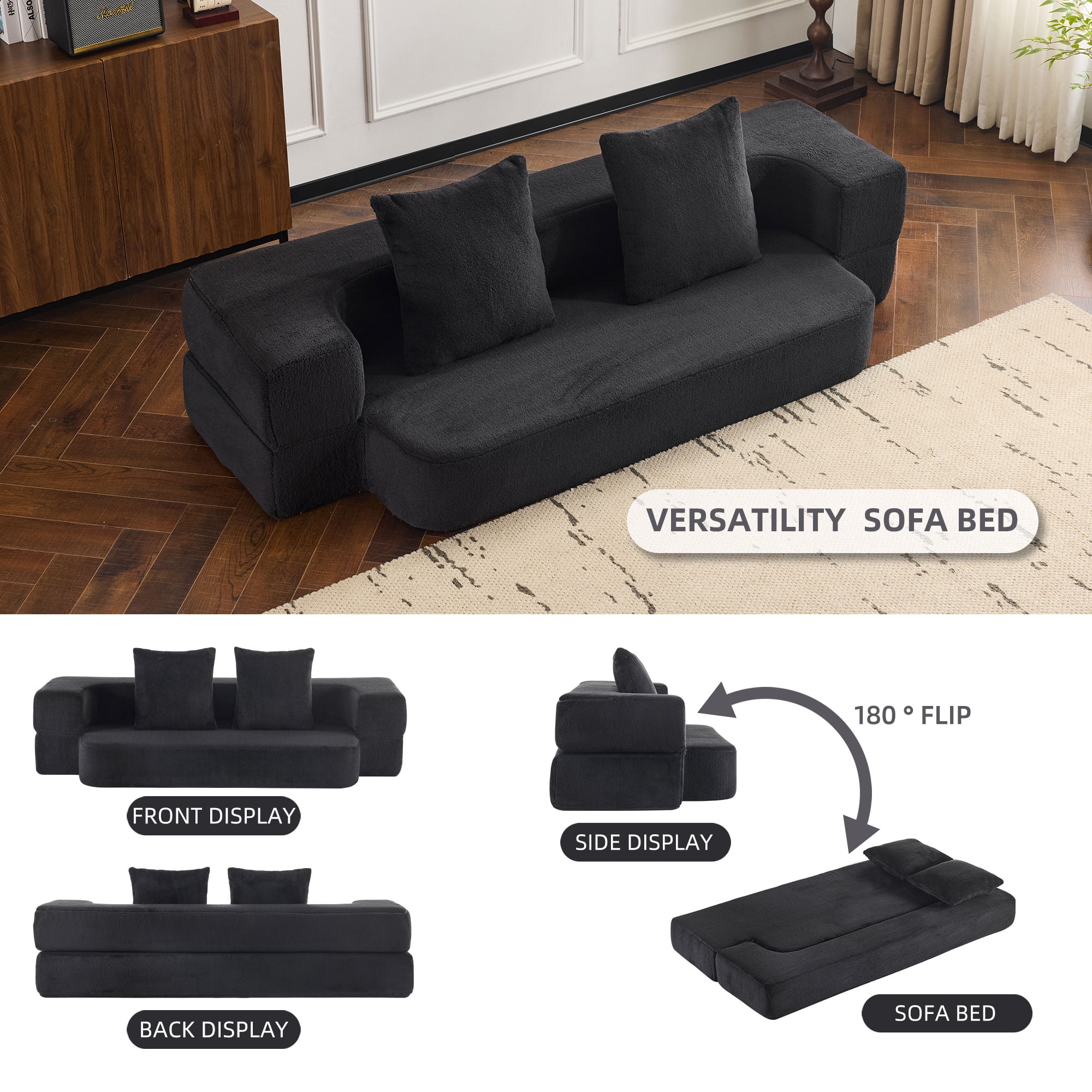 Jopath 75'' Futon Sofa Bed, Foldable Mattress Sofa Couch with Pillow Back & Armrest, Faux Fur Floor Couch Lounge Sleeper Sofa Bed for Living Room/Bedroom,No Assembly Required,Black