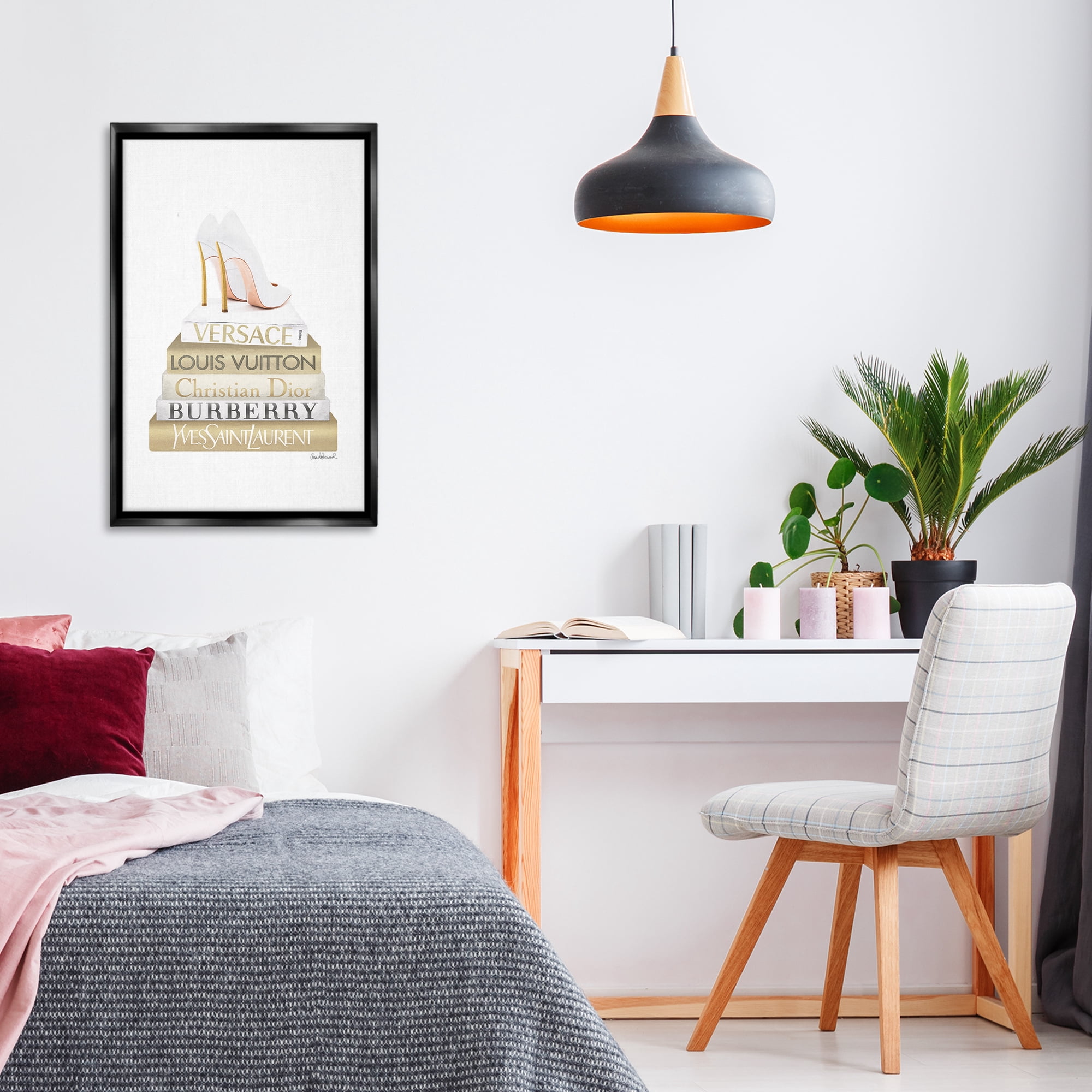 Stupell Industries Gold & White Book Stack Fashion Painting Black Floater Framed Canvas Art Print Wall Art, 21 x 31