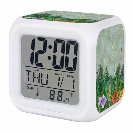 Tropical Plant Colorful Floral Digital Alarm Clock for Bedrooms,Smart LED Alarm Clock with 7 Color Changing Night Light,Fern Print Summer Birds Silent Wake Up Clocks for Sleep Study Cooking 3.2x3.2