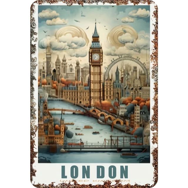 Placa Metal Vintage Londres Pintura Hierro Rectangular Del Pared 20x30cm