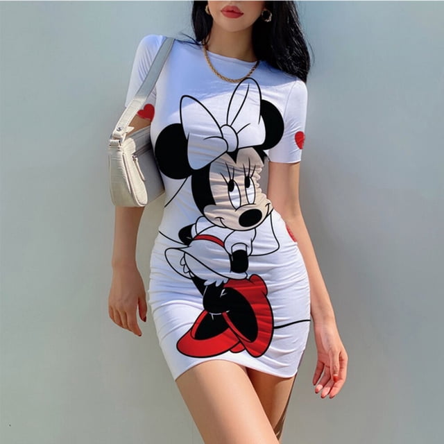 DisneyMinnie Mickey Mouse O neck Short sleeve Bodycon Dress 2022 Summer New Print Cartoon Fashion Sexy Ladies Beach Party DressXXL Gao Jinjia LED