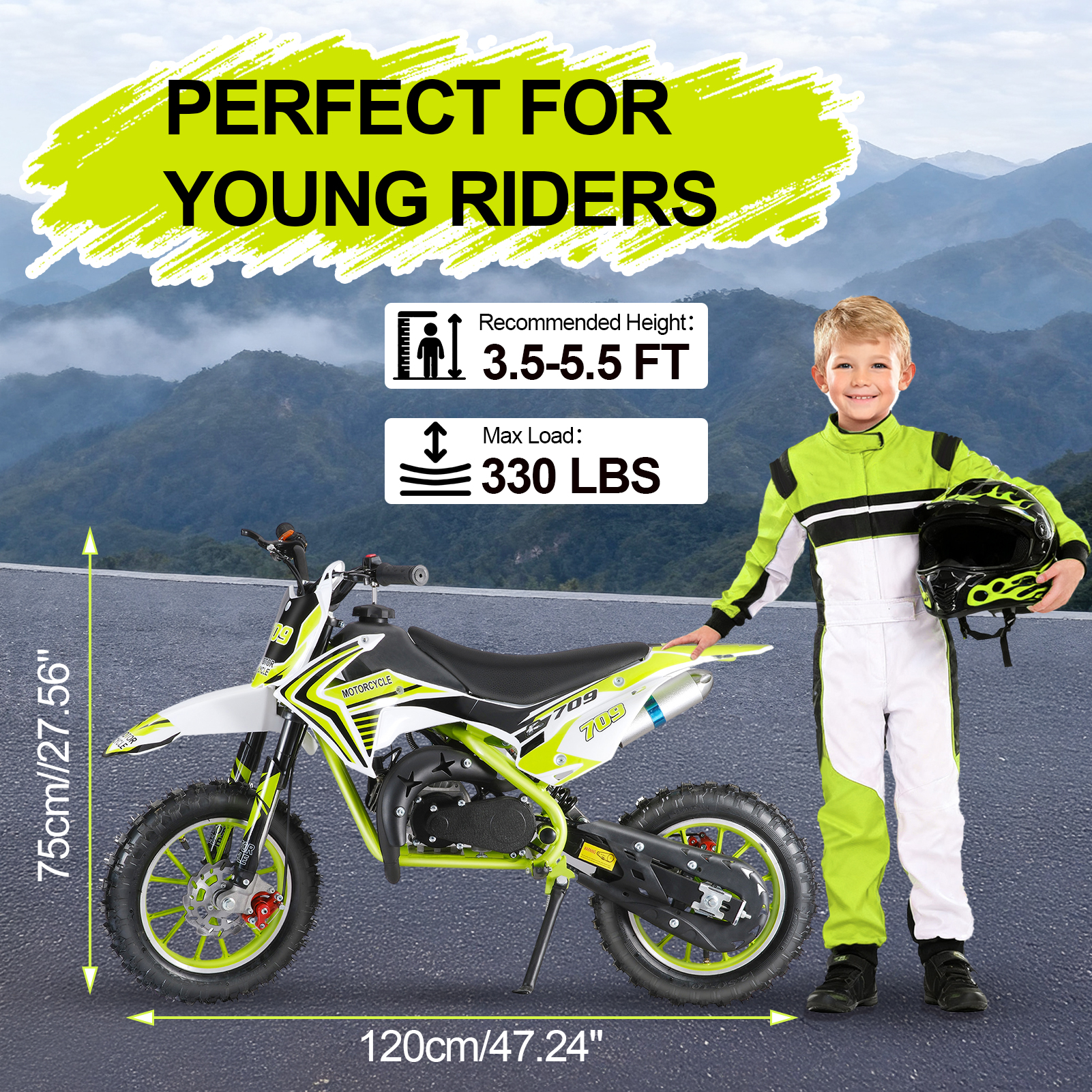 Fompes 49CC 2-Stroke Gas Powered Mini Dirt Bike Kids Dirt Bike 30KM/H Max Speed Easy Pull Start Front & Rear Disc Brakes 330LBS Capacity - Green