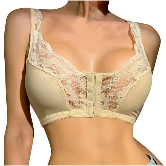 ATOYSOY Plus Size Everyday Bra Floral Lace Breathable Push Up Underwear Wireless Thin Lightly Front Closure Workout Support Full Coverage Bra Girls Teens Comfy Bra Beige