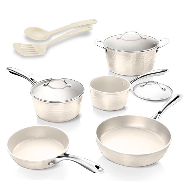 Gotham Steel Hammered Cream 10-piece ceramic nonstick cookware set featuring pots, pans with glass lids, and cream cooking utensils.