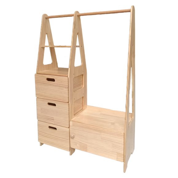 Toytexx Wooden Montessori Wardrobe, Childrens Clothing Rack with Open Hanging Rail, 3 Drawers, Storage Bench
