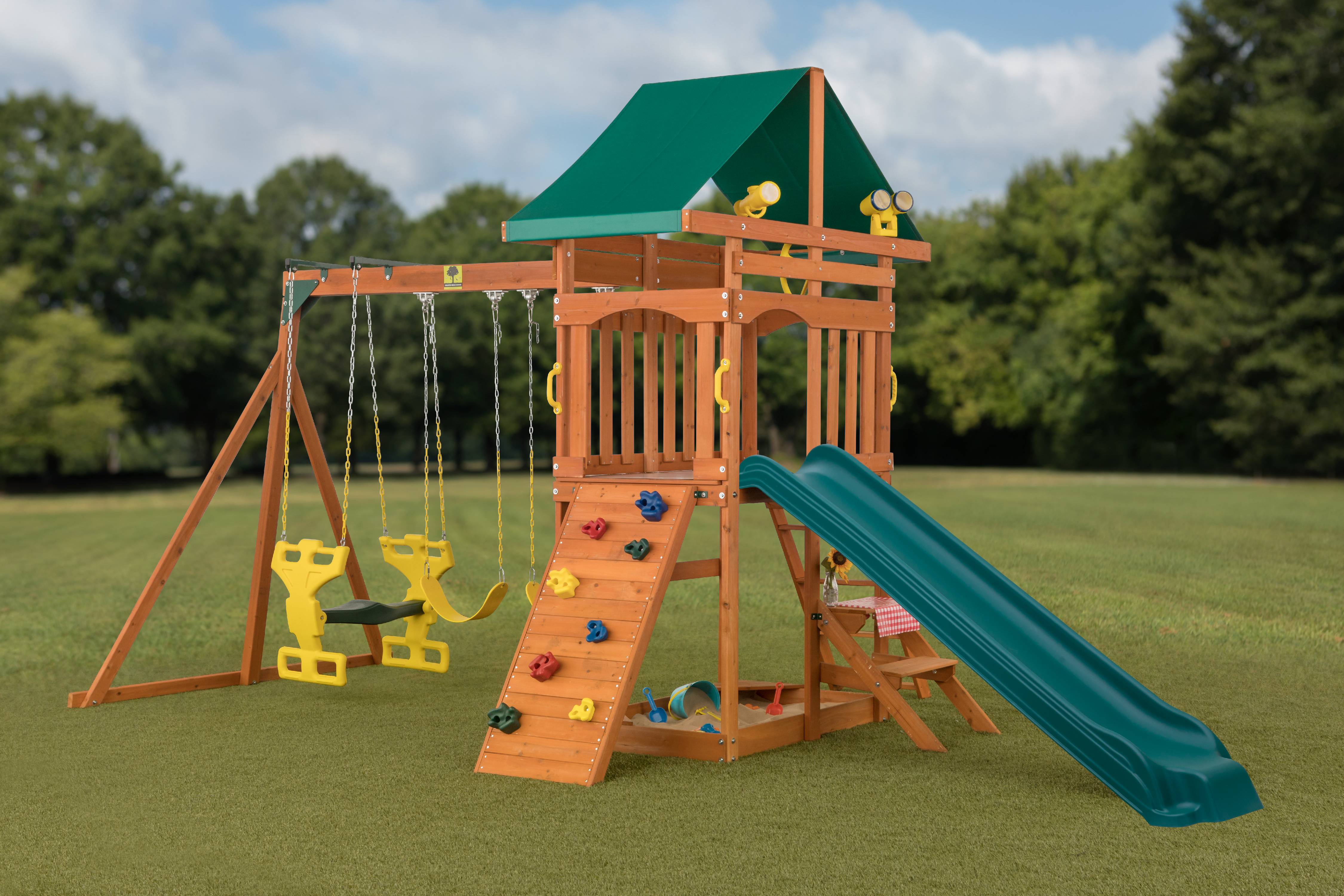 Sky View Cedar Backyard Playset | W: 17'10" D: 9'4" H: 9'9" | w/2-Person Glider & 2 Belt Swings | Binoculars, Steering Wheel & Telescope | Kids Age 3-12 | ASTM Standards | 10-Year Warranty on Wood - image 2 of 13