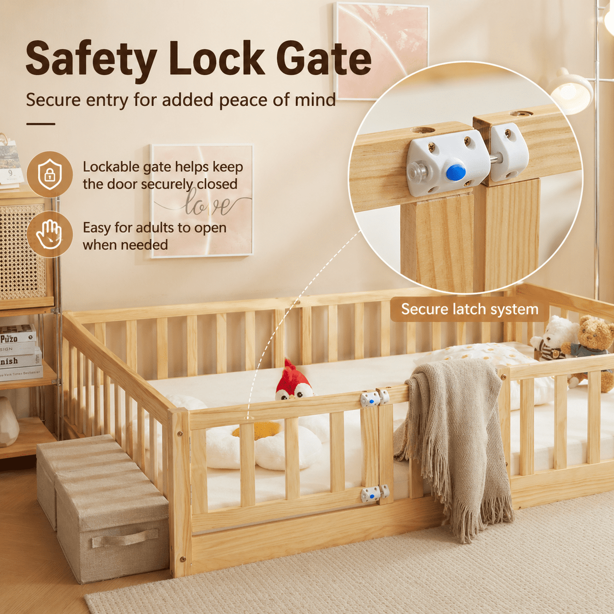 Zimtown Montessori Floor Bed Frame, Twin Size Bed with Fence and Door, Wooden Platform Bed, Natural Color