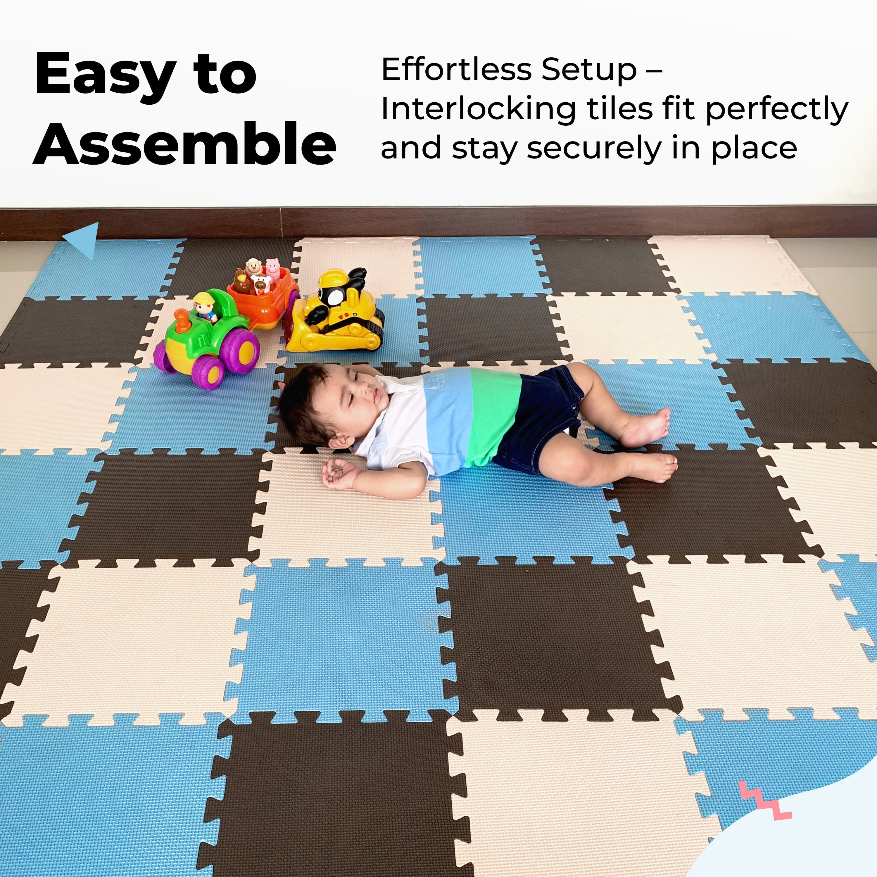 MioTetto Non-Toxic Foam Play Mat for Babies & Kids, Interlocking Puzzle Tiles, Blue-Brown-Beige, 36 Pieces – Perfect for Tummy Time, Crawling, Nursery, Playroom, or Gym
