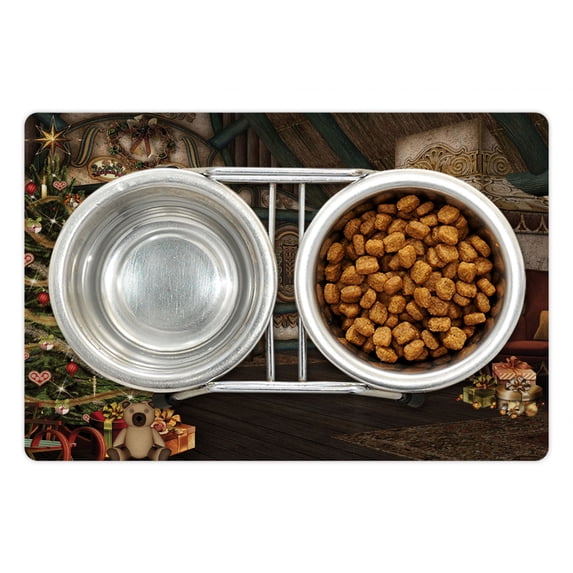 Christmas Pet Mat for Food and Water, Inner View of a Xmas House Mistletoe Yuletide Winter Season Celebration Image, Non-Slip Rubber Mat for Dogs and Cats, 18" X 12", by Ambesonne