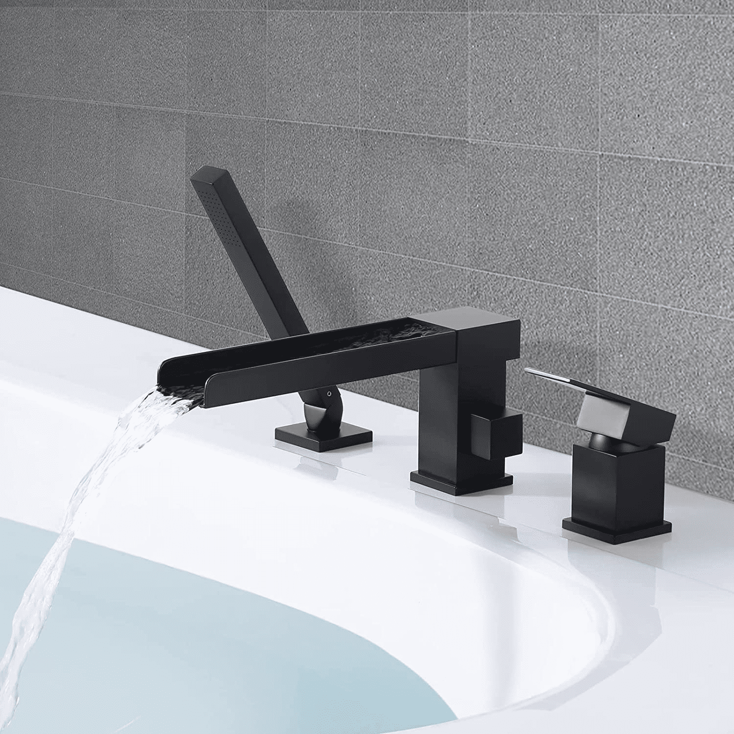 WOWOW Modern Matte Black Jacuzzi Garden Bathtub Faucet With Sprayer, Waterfall Deck Mount Bathroom Roman Tub Filler