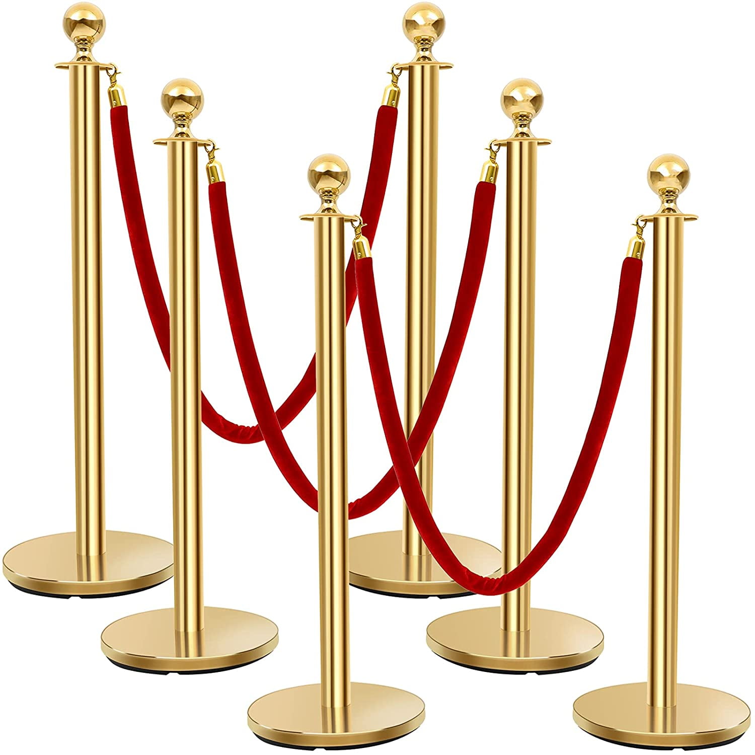 Gold Stanchion Posts Queue Pole 5Ft 3 Red Velvet Ropes Crowd Control Barrier 6PCS Stanchion Set