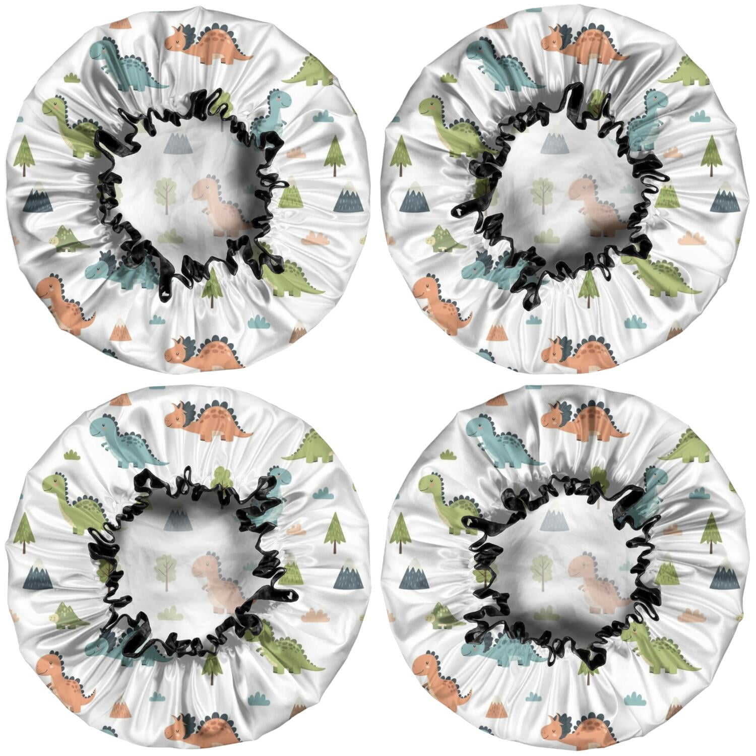 Shower Caps,White Dinosaurs Landscapes Pattern Waterproof Shower Cap for Women 4 Pieces,Double Reusable Hair Cover for Shower PEVA Elastic Stretch Hem
