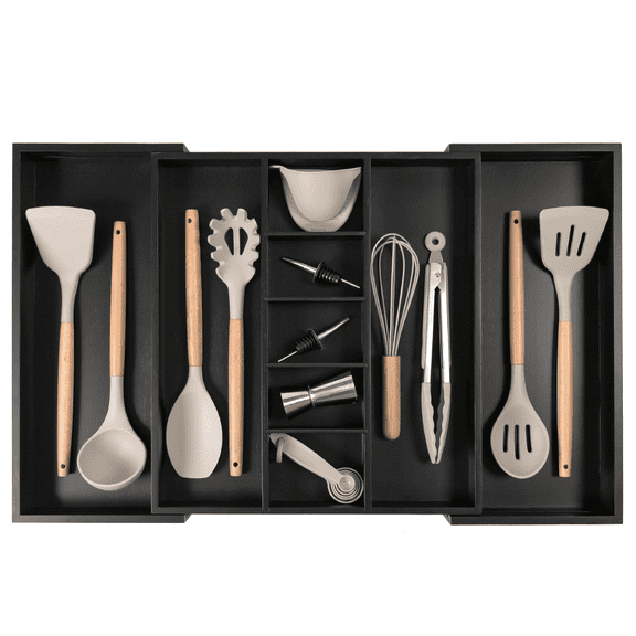 KitchenEdge Adjustable Kitchen Drawer Organizer for Utensils and Junk, Expandable 16 to 28 Inches Wide, 9 Compartments, Food-Safe Contract Grade Black Finish with 100% Sustainable Bamboo Wood