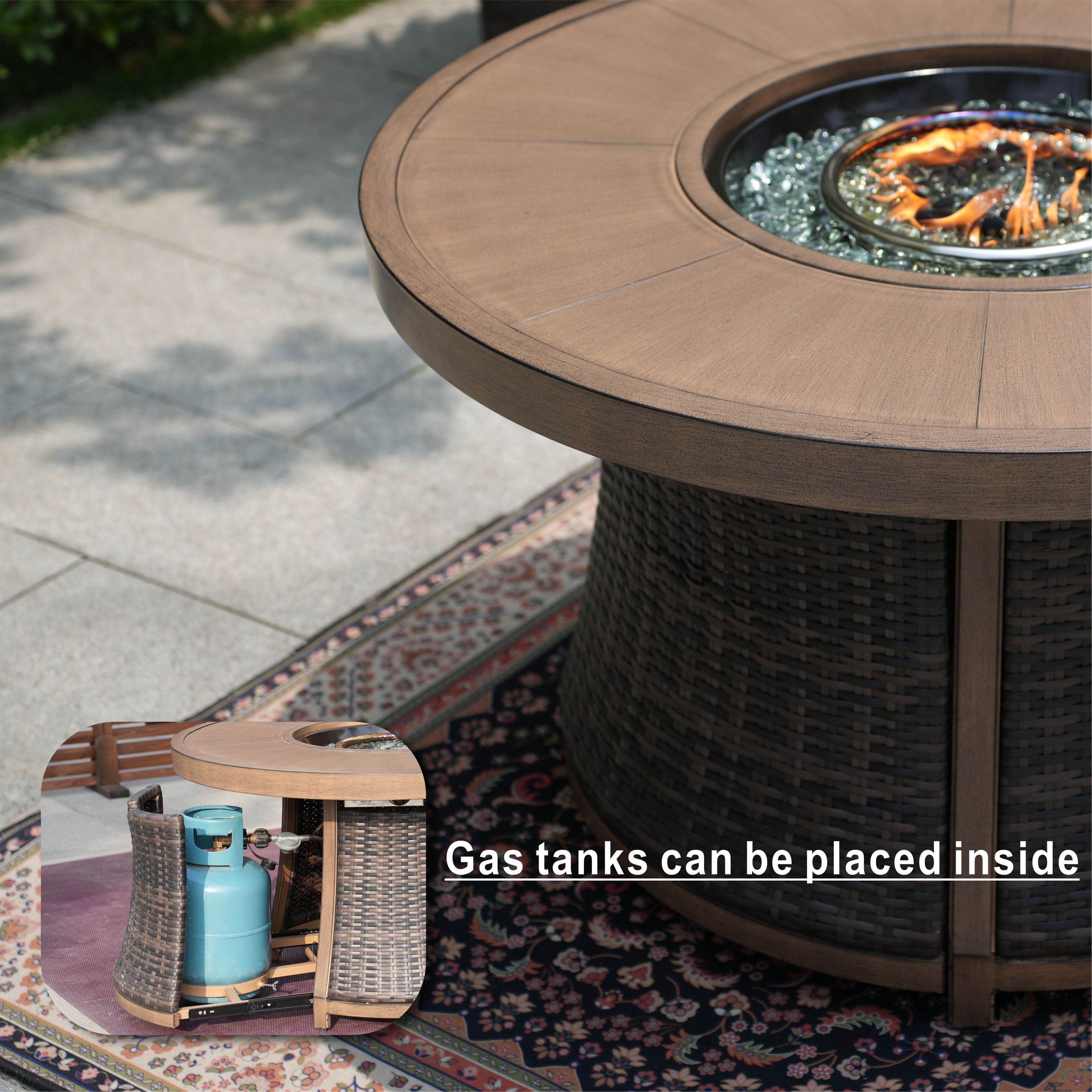 42" Outdoor Wicker Round Propane Gas Fire Pit Table, Brown Dining Table