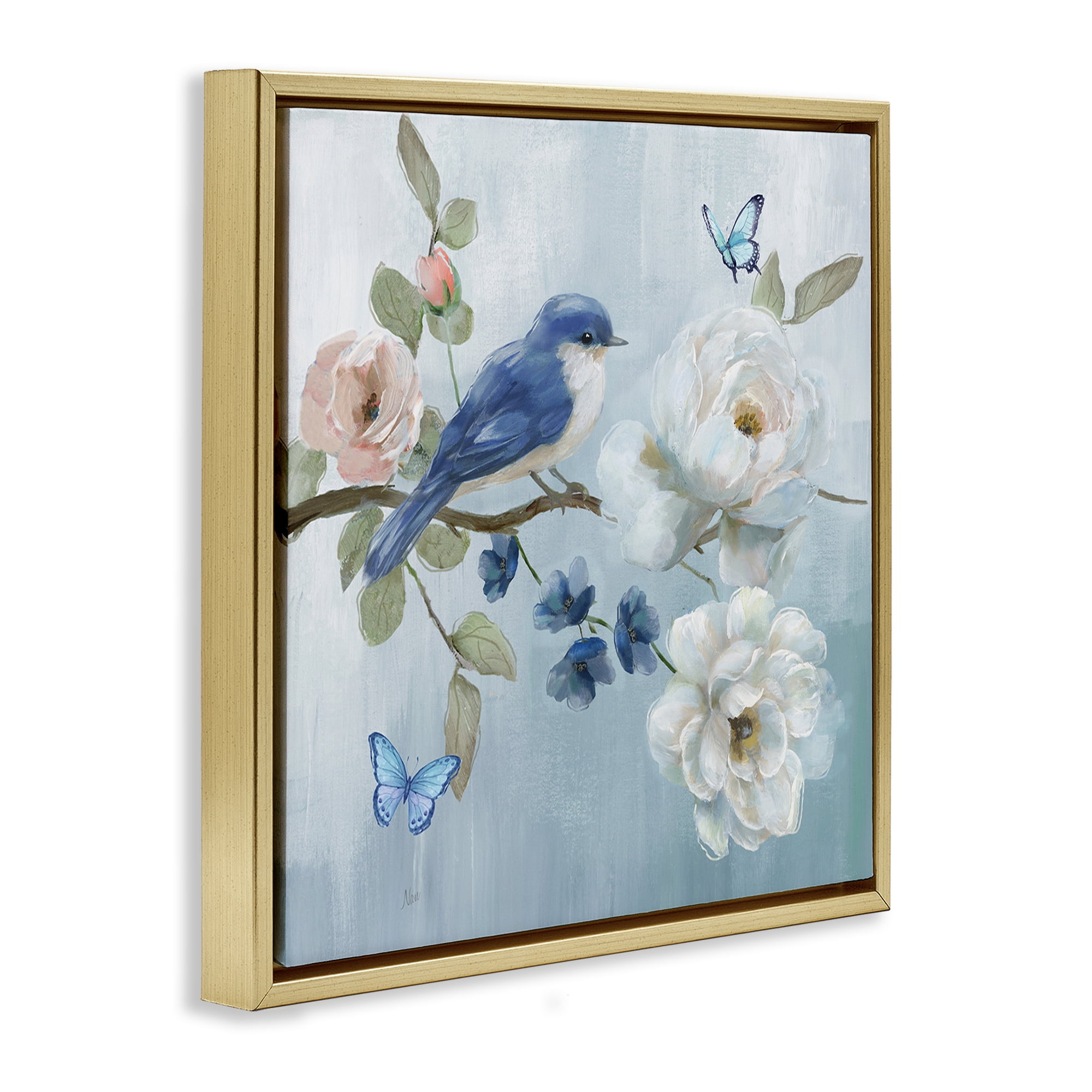 Stupell Industries Blue Bird Tranquility Gold Framed Floater Canvas Wall Art, design by Nan