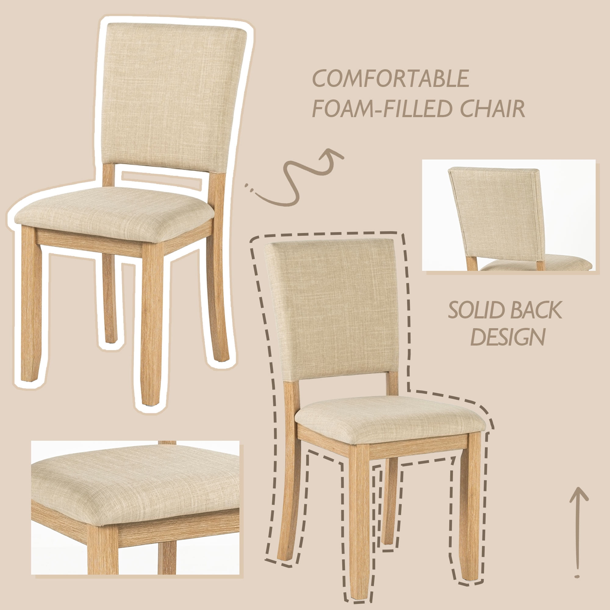 Aukfa Farmhouse 5-Piece Wood Upholstered Dining Set, Light Oak