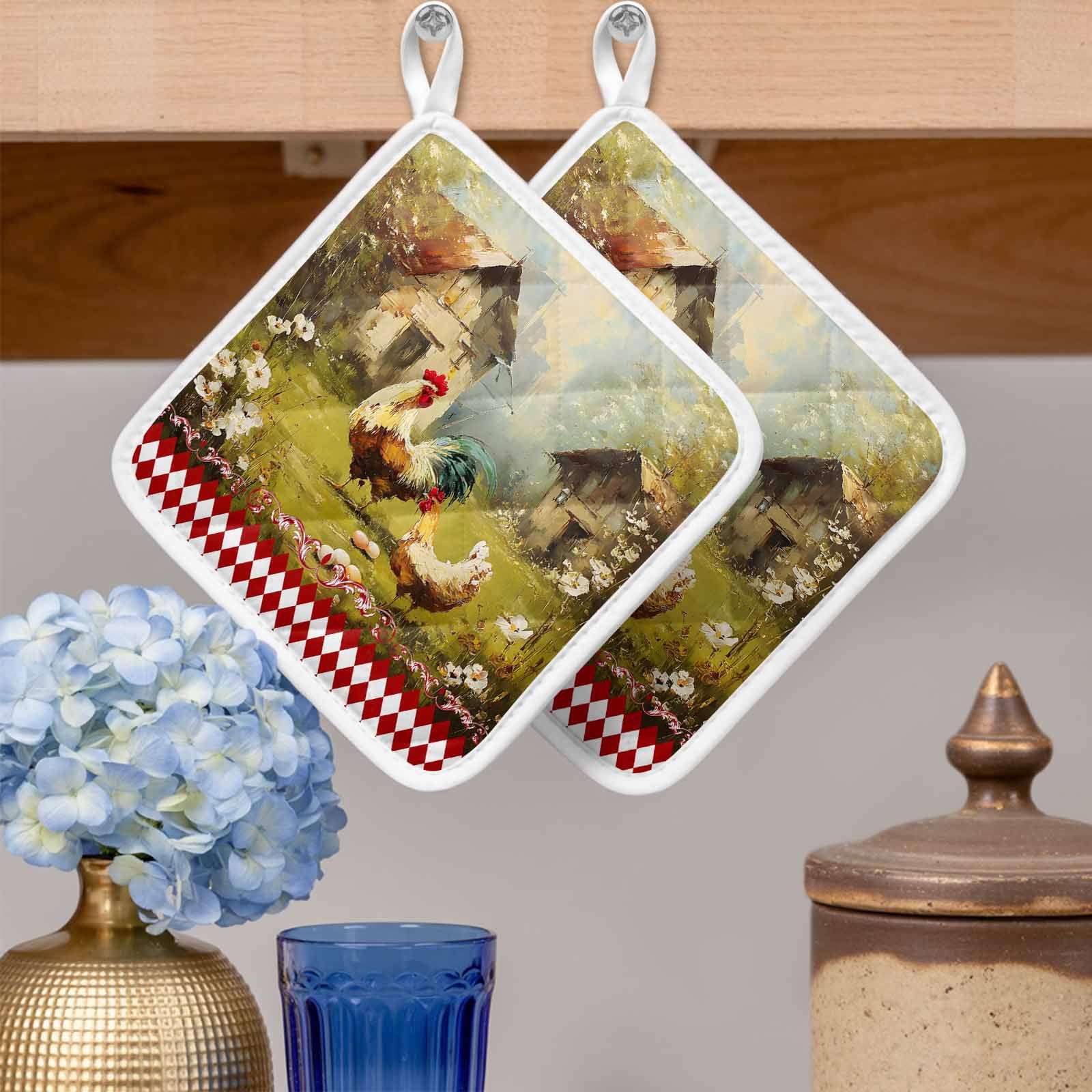 Farmhouse Rooster Pot Holders for Kitchen Heatproof Potholder, 5 Pack Vintage Rustic Plants Oil Painting Hot Pads Multipurpose Oven Pads Cloth Potholders Trivet for Cooking Baking