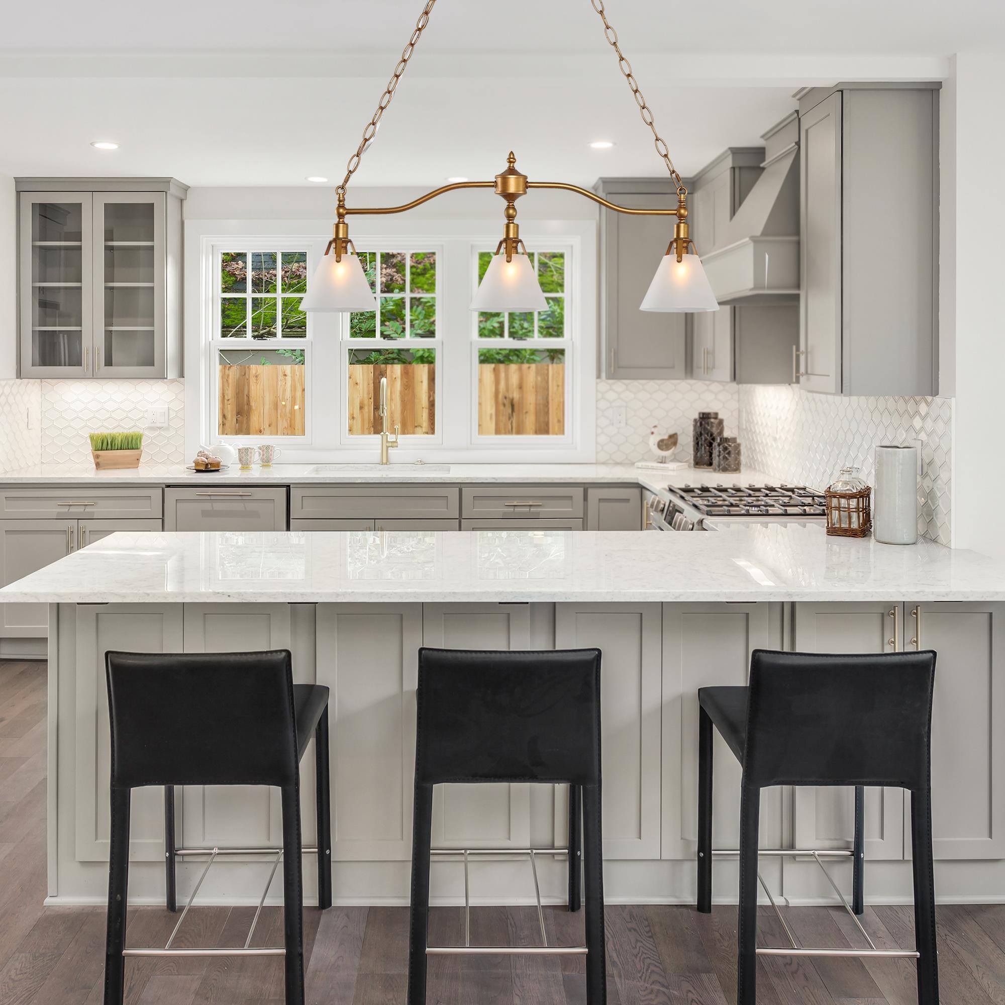 LNC Darren Modern Kitchen Island Pendant Light with 3 Opal Glass Shades, 31.5" Antique Brushed Gold