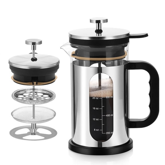 Elook French Press Coffee Maker, 34oz (1000ml) Borosilicate Glass Coffee Press with 4-Stage Filter System, Stainless Steel Frame, BPA Free, Suitable for Coffee & Tea, Silver