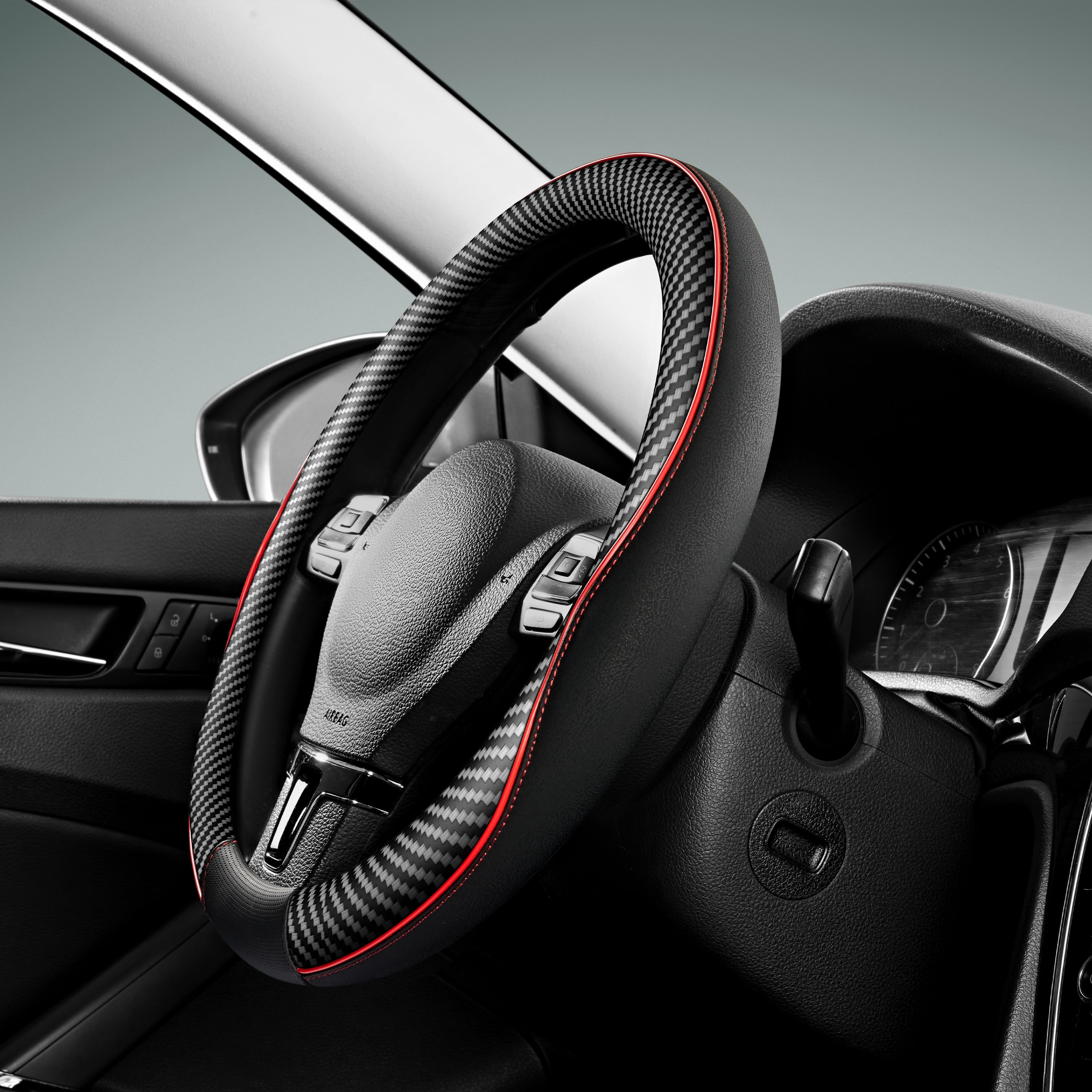 Auto Drive Car Steering Wheel Cover - Leather Material, Black Color-Universal Fit for  15'' - 24WM16