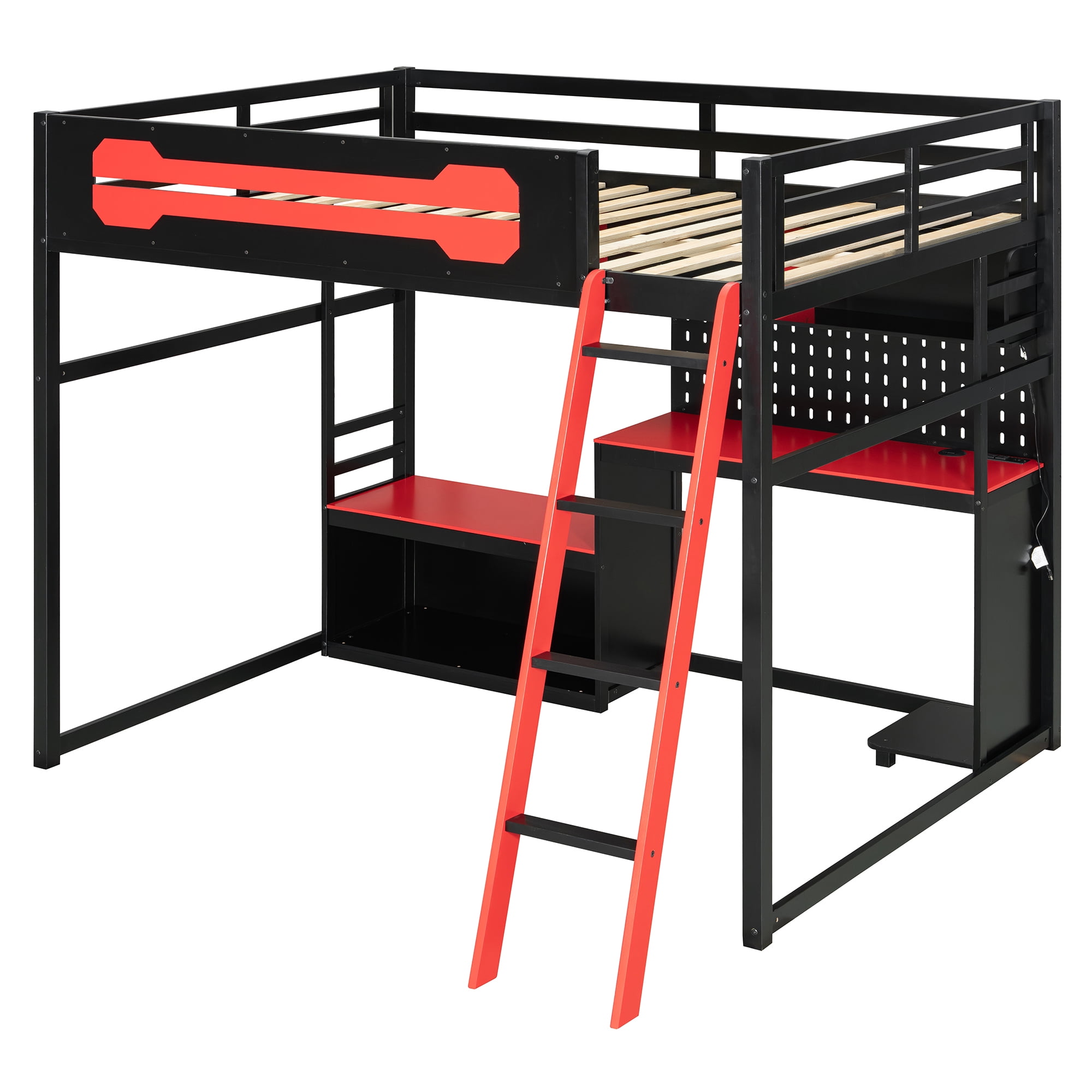 Aukfa Full Size Loft Bed with Desk, Shelves, LED Lights, USB Ports & Pegboard, Wood Gaming Esports Loft Bed with Storage, Red