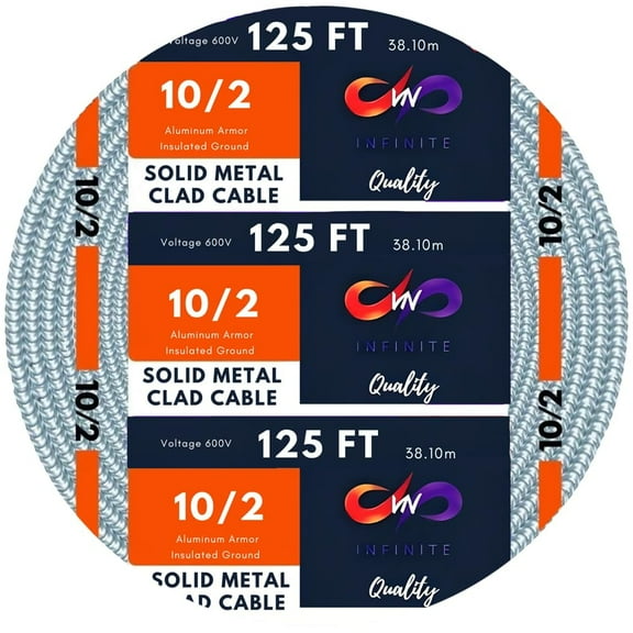 MC Cable 10/2 - Metal Clad - Aluminium Armor Solid Copper Conductor - Cable for Indoor (125 Ft)