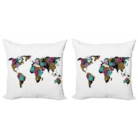 Floral World Map Throw Pillow Cushion Cover Pack of 2, Continents with Rose Blossoms Shabby Form Display Delicate Vintage Petals, Zippered Double-Side Digital Print, 4 Sizes, Multicolor, by Ambesonne