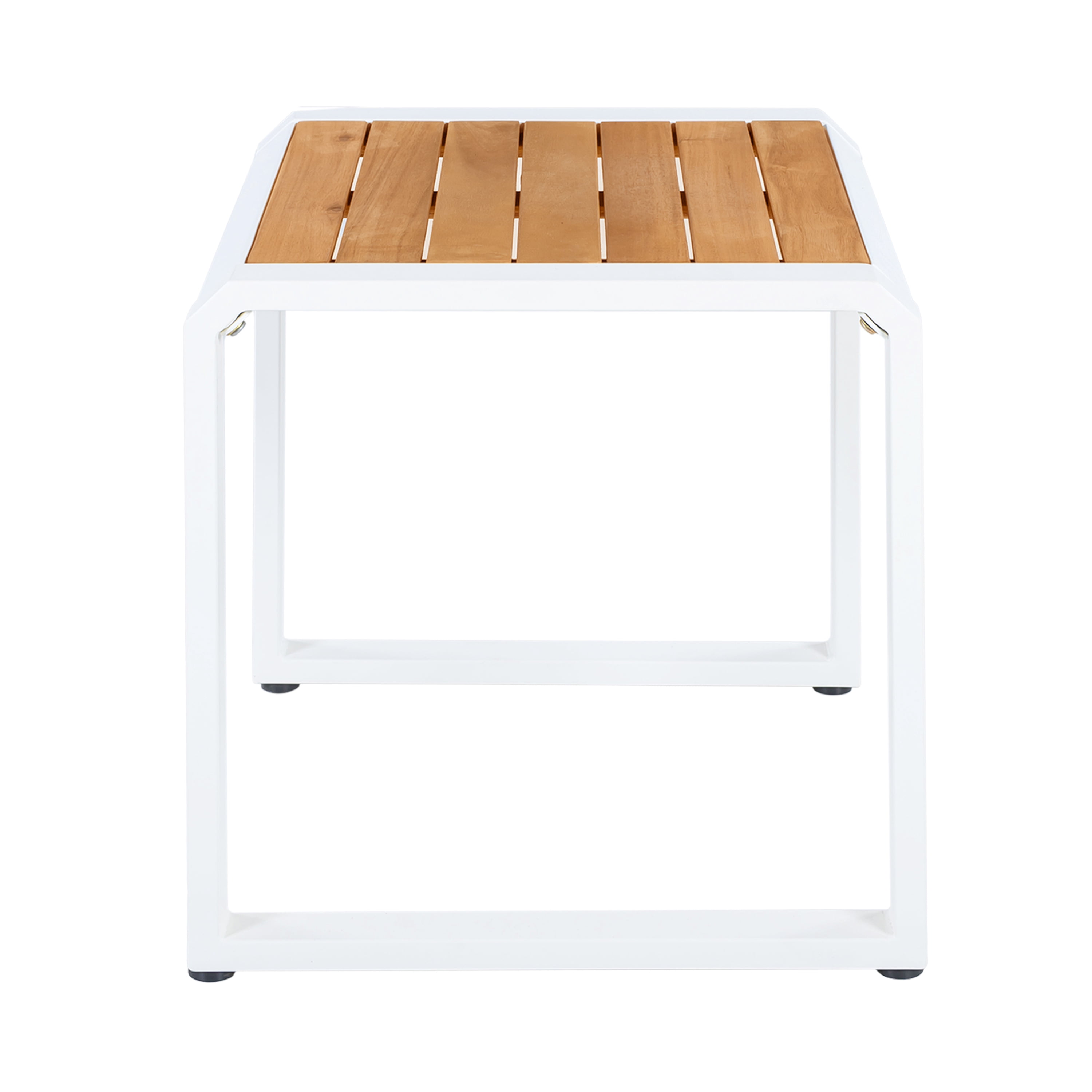 Outdoor Side Table 18.11 Inch, Patio Accent Table with Teak Wood Top and White Metal Frame, Small End Table for Porch and Poolside, Teak and White