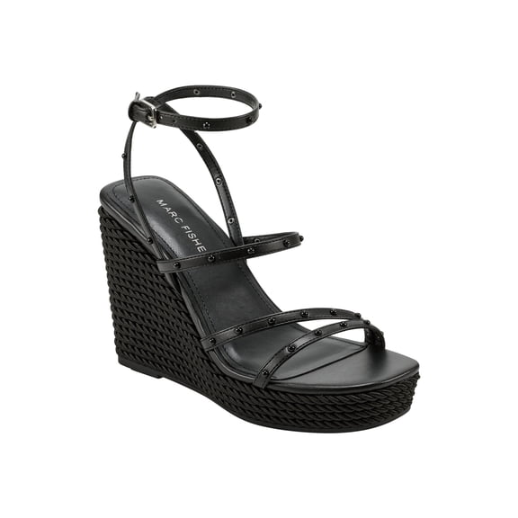 MARC FISHER Womens Black Strappy Studded Zig Square Toe Wedge Buckle Heeled Sandal 10 M