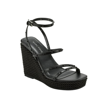 

MARC FISHER Womens Black Strappy Studded Zig Square Toe Wedge Buckle Heeled Sandal 9.5 M