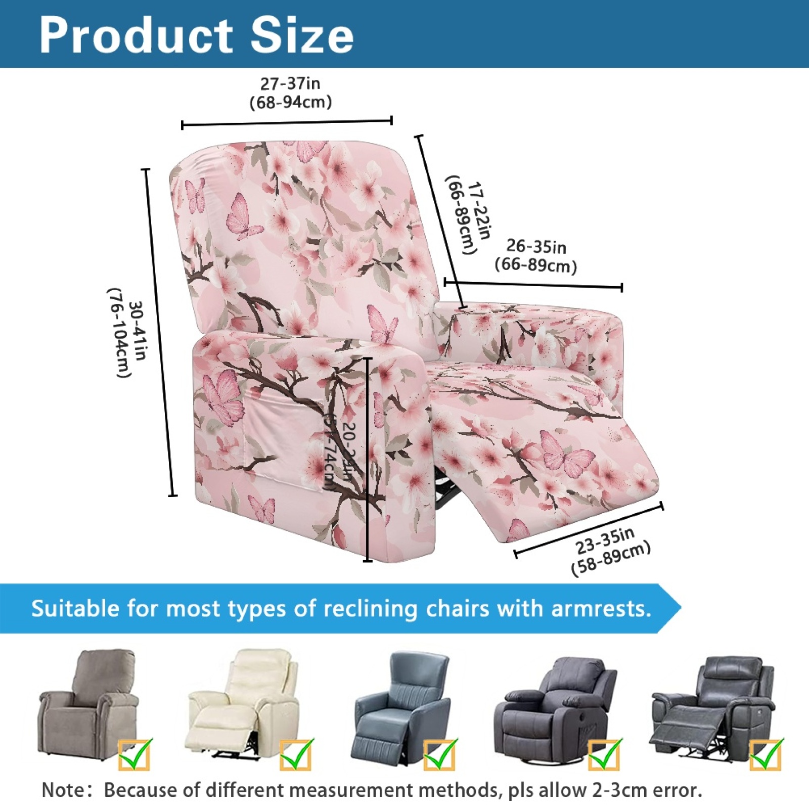Xoenoiee Butterfly Cherry Blossom Print Recliner Cover with Pockets 4-Pieces Reclining Slipcover Lazy Boy Recliner Armchair Cover with Elastic Bottom for Recliner Furniture Protector for Kid Pet