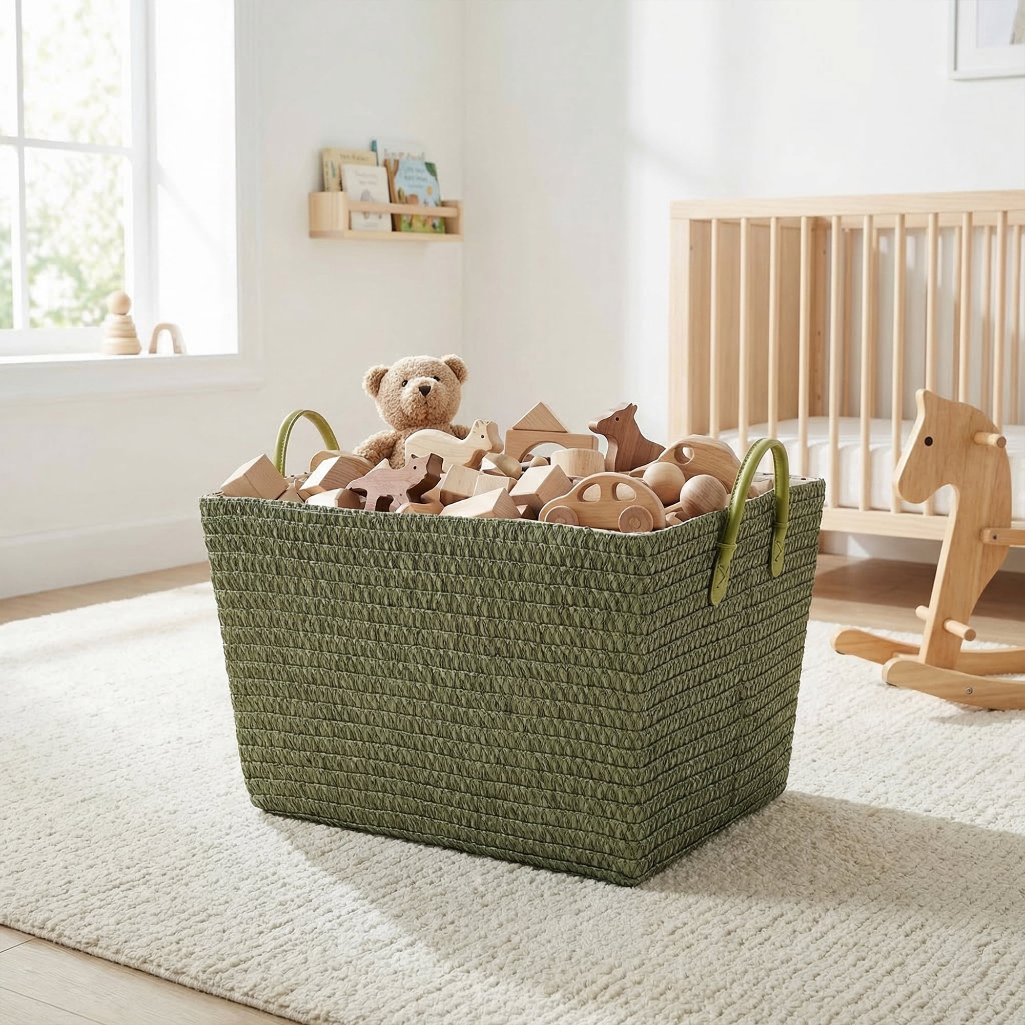 Unique Bargains Woven Storage Basket Shelf Closet Storage Bin Green 17.7*13.8*9.8in