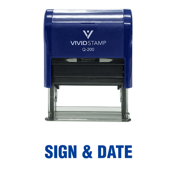 Vivid Stamp Sign & Date Self Inking Rubber Stamp (Blue Ink) - Medium