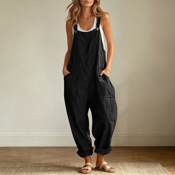 Shqvo Jumpsuits for Women Cotton Linen Overalls Adjustable Strap Bib Overalls Casual Baggy Summer Romper with Pockets 2026
