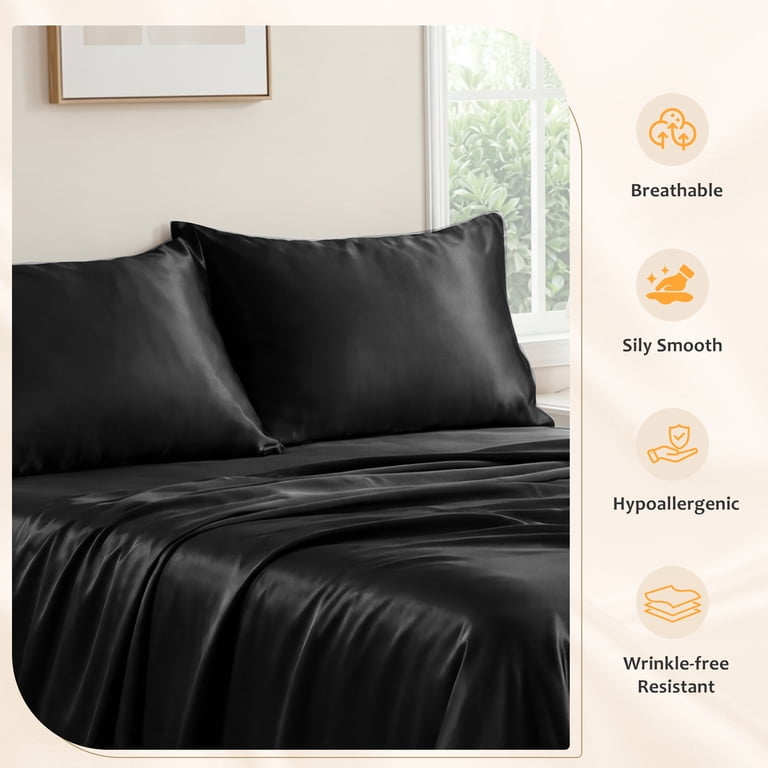 Vccoem Satin Sheets Set, Queen Size, 4 Pieces, Black photo 4