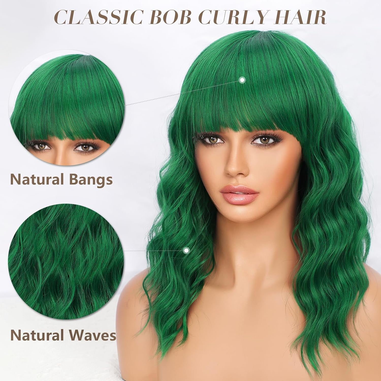 DOPI Short Wavy Wig with Bangs for Women Shoulder Length Bob Curly Women's Charming Synthetic Wigs with Natural Wavy Black To Brown Heat Resistant Hair for Daily Party Use