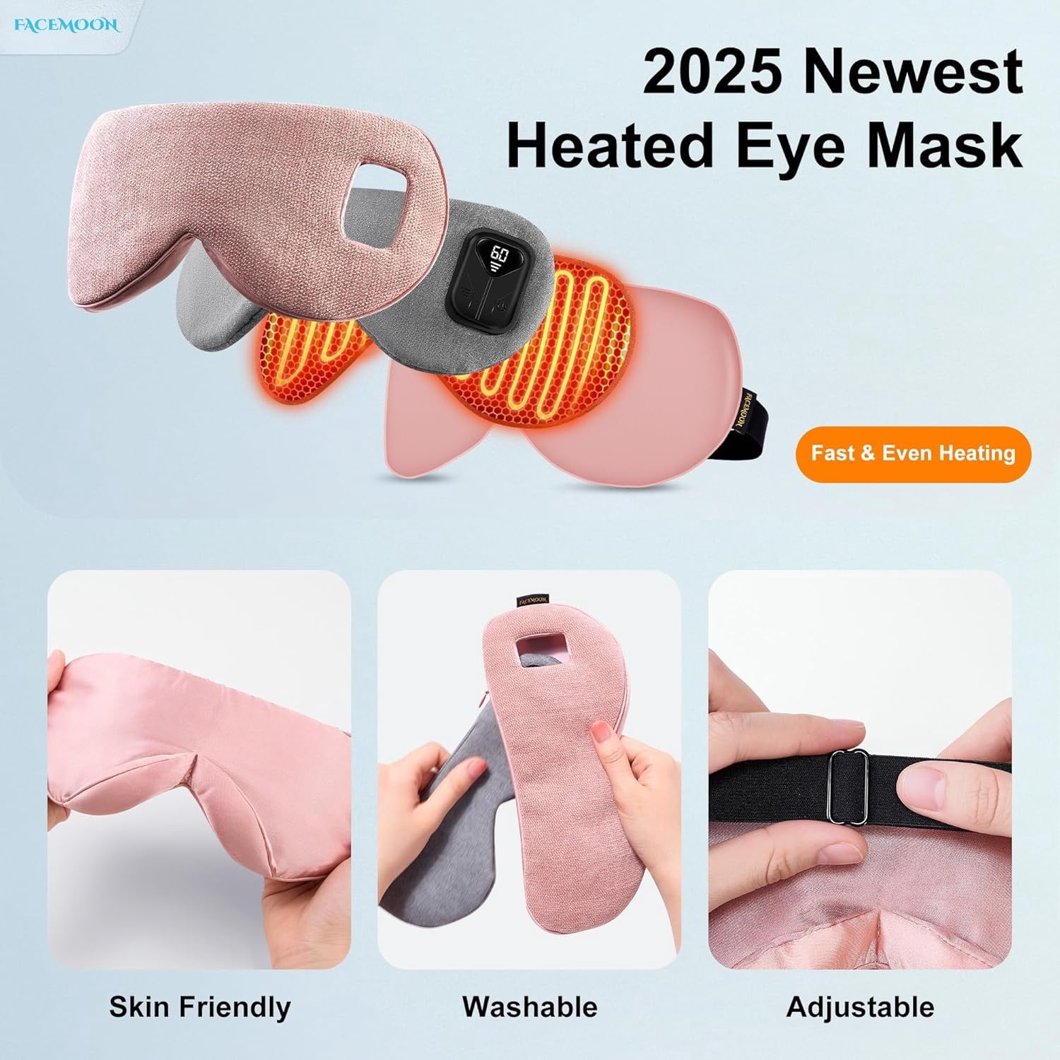 FACEMOON Heated Eye Mask Cordless Rechargeable Warm Comfort for Eye Relaxation Natural Flaxseed Moist Heat Sleep Aid Pink