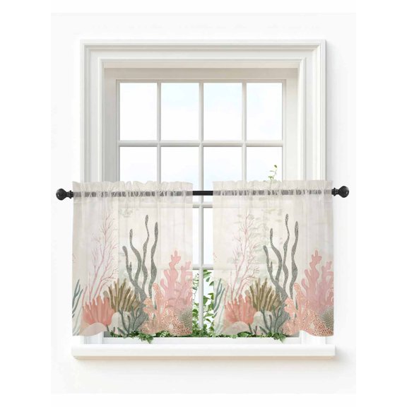 Coastal Coral Tier Curtains 36 Inch Length,Sheer Curtains for Bedroom Living Room,Retro Watercolor Farmhouse Ocean Seaweed Rod Pocket Voile Drapes Kitchen Curtains for Small Window 27.5"x36" 2 Panels