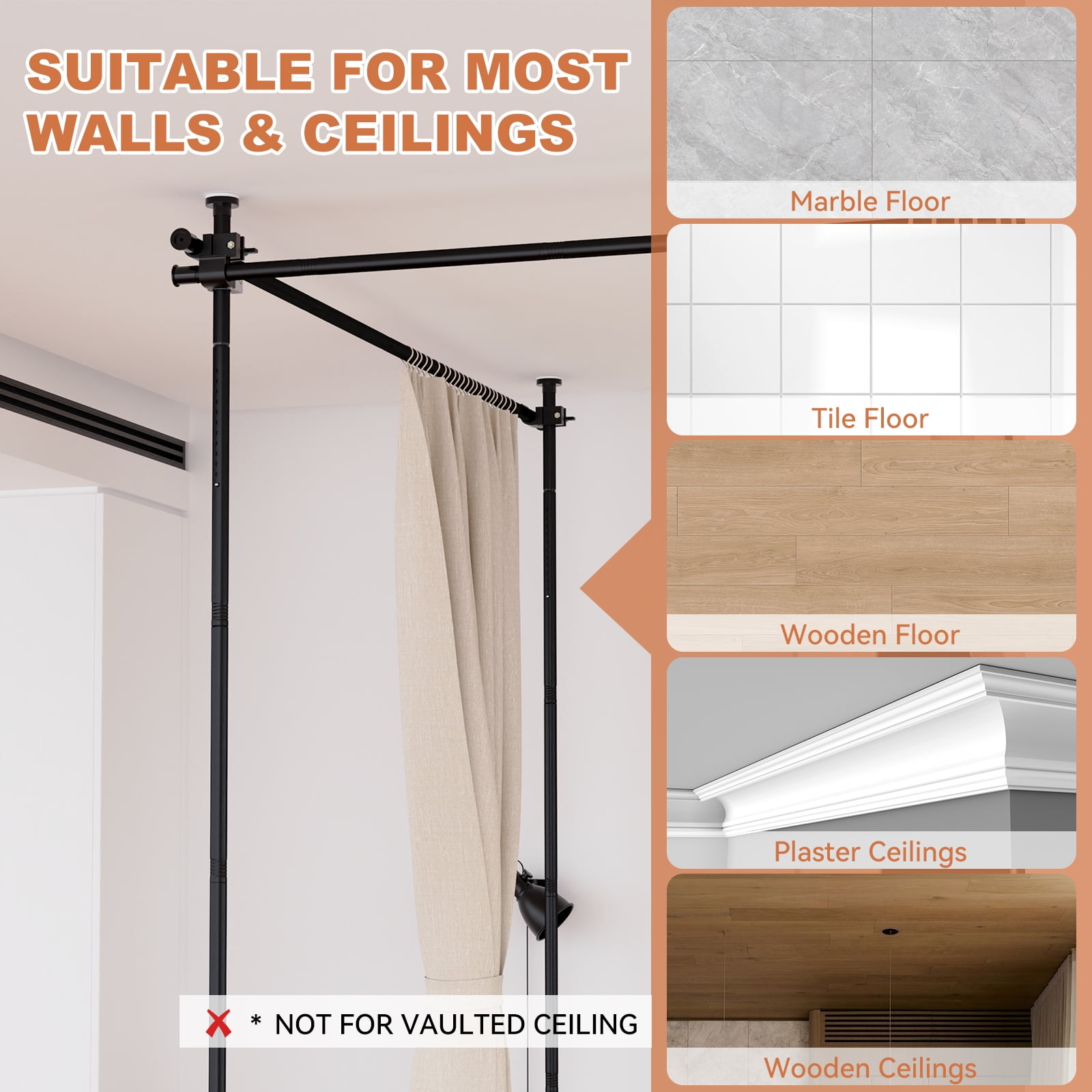 Adjustable Room Divider Frame, Black Metal Pipe Partition Stand for Bedroom/Dorm/Apartment, No Curtains Included (Fits Twin/Full Beds & Open Spaces)