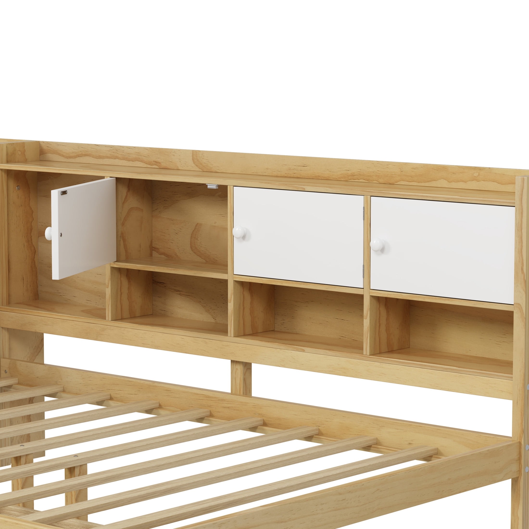 Noble House L-Shaped Twin Daybed with Storage Shelves, Desk and 2 Drawers, Natural + White