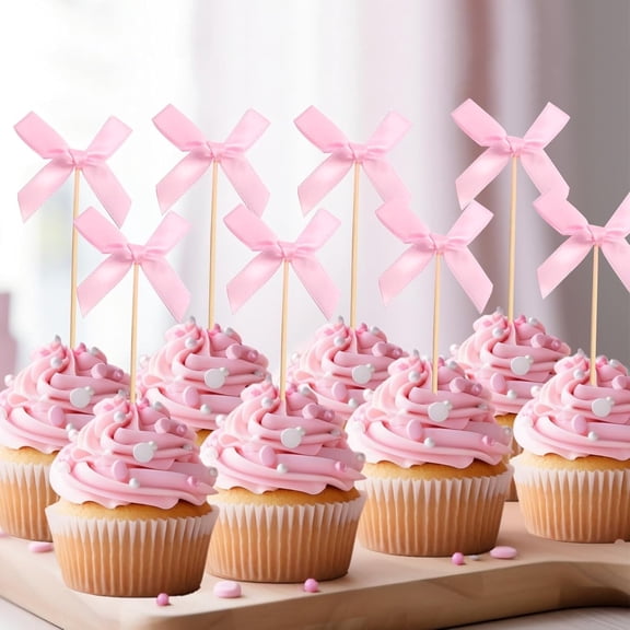 48 Piece Pink Bow Cupcake Toppers Bowknot Ribbon Cakes Topper Bow Cupcake Picks Bow Cake Toppers for Birthday Wedding Bridal Party Decoration By HYG
