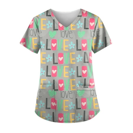 

DNDKILG Womens Casual Short Sleeve Scrubs Top Holiday V Neck Nursing Scrubs Professionals Uniform Graphic Pockets T Shirt Pink 5XL