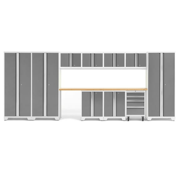 NewAge Products Bold Series Platinum 12 Piece Cabinet Set, Heavy Duty 24-Gauge Steel Garage Storage System, LED Lights Included