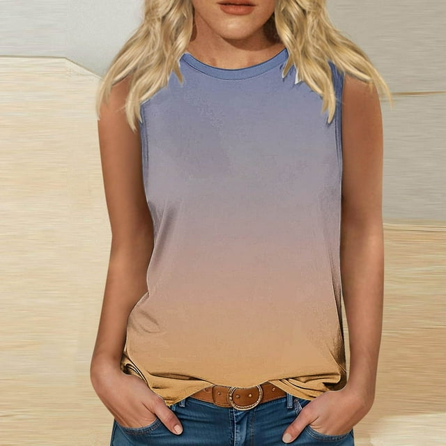 BVOFAR Débardeurs Dégradés pour Femmes Été Décontractés Coupe Ample Chemises Grande Taille Col Rond Sans Manches Blouses Coupe Ajustée Débardeurs de Sortie