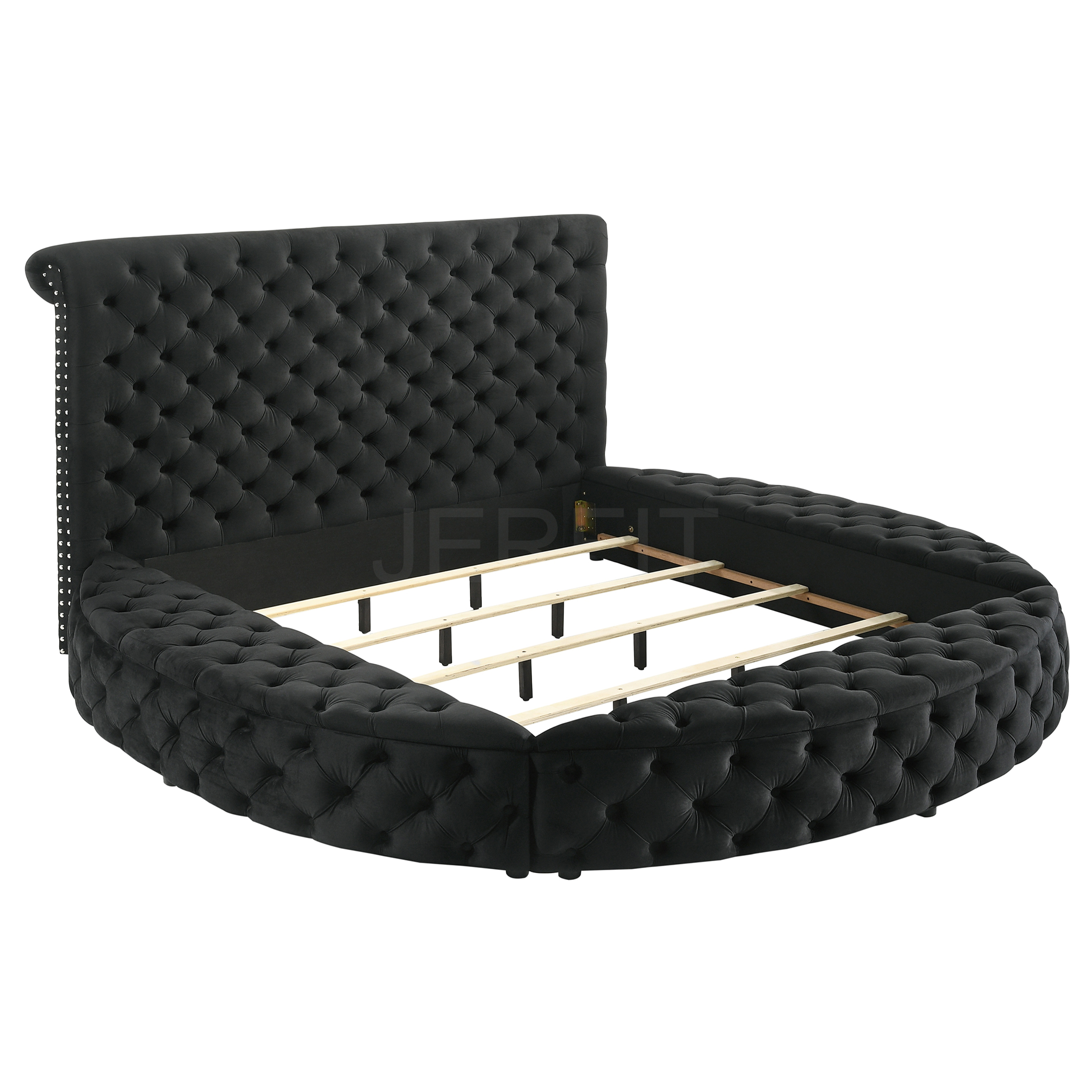 JERFIT King Size Upholstered Bed Frame with Storage, Round Tufted Headboard and Footboard, Modern Glam Velvet Platform Bed, Black