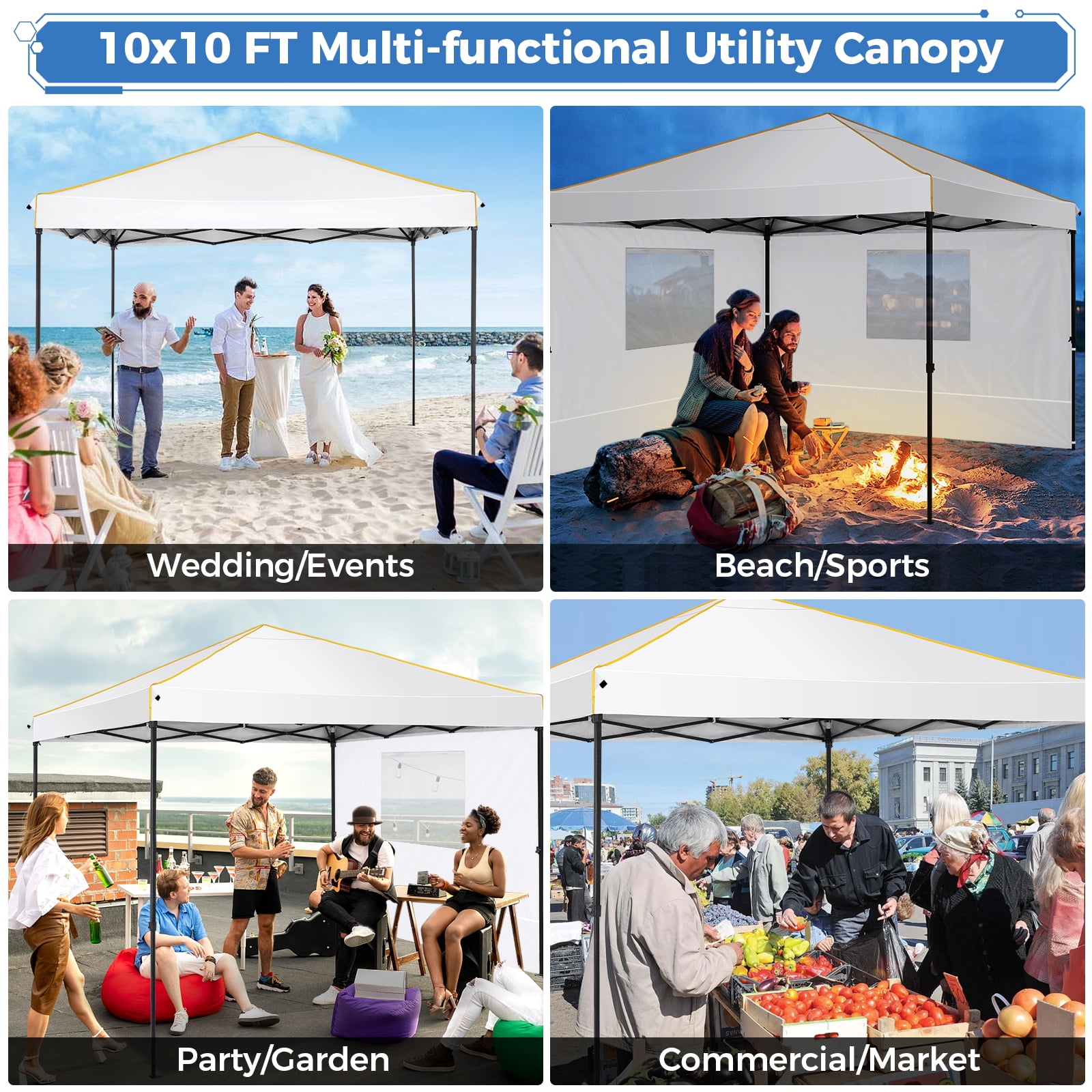 HOTEEL 10x10 Pop up Canopy with Sidewalls,Waterproof Tent for Parties Wedding Event,Instant Outdoor Gazebos with Carry Bag,Stakes,Ropes & Sandbags,White