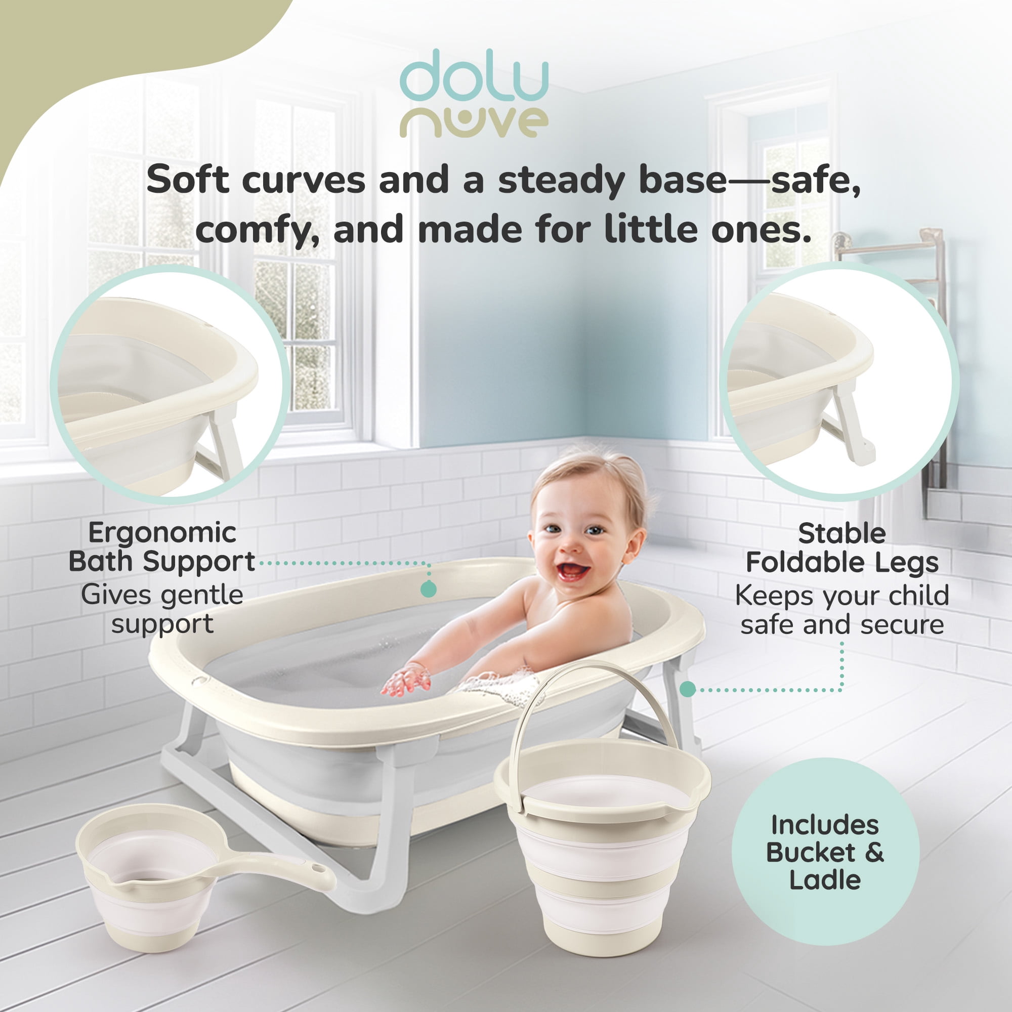 Dolu Nuve 3-Piece Foldable Baby Bath Set, Infant Tub with Bucket and Rinse Cup, Beige
